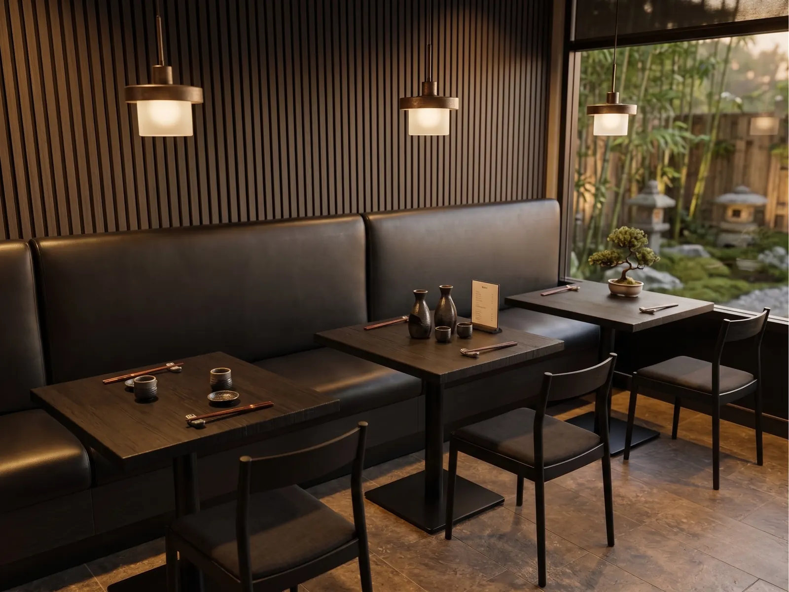 Custom banquette seating installation detail at Kazuya Japanese Restaurant in Moorpark CA by California Woodworking