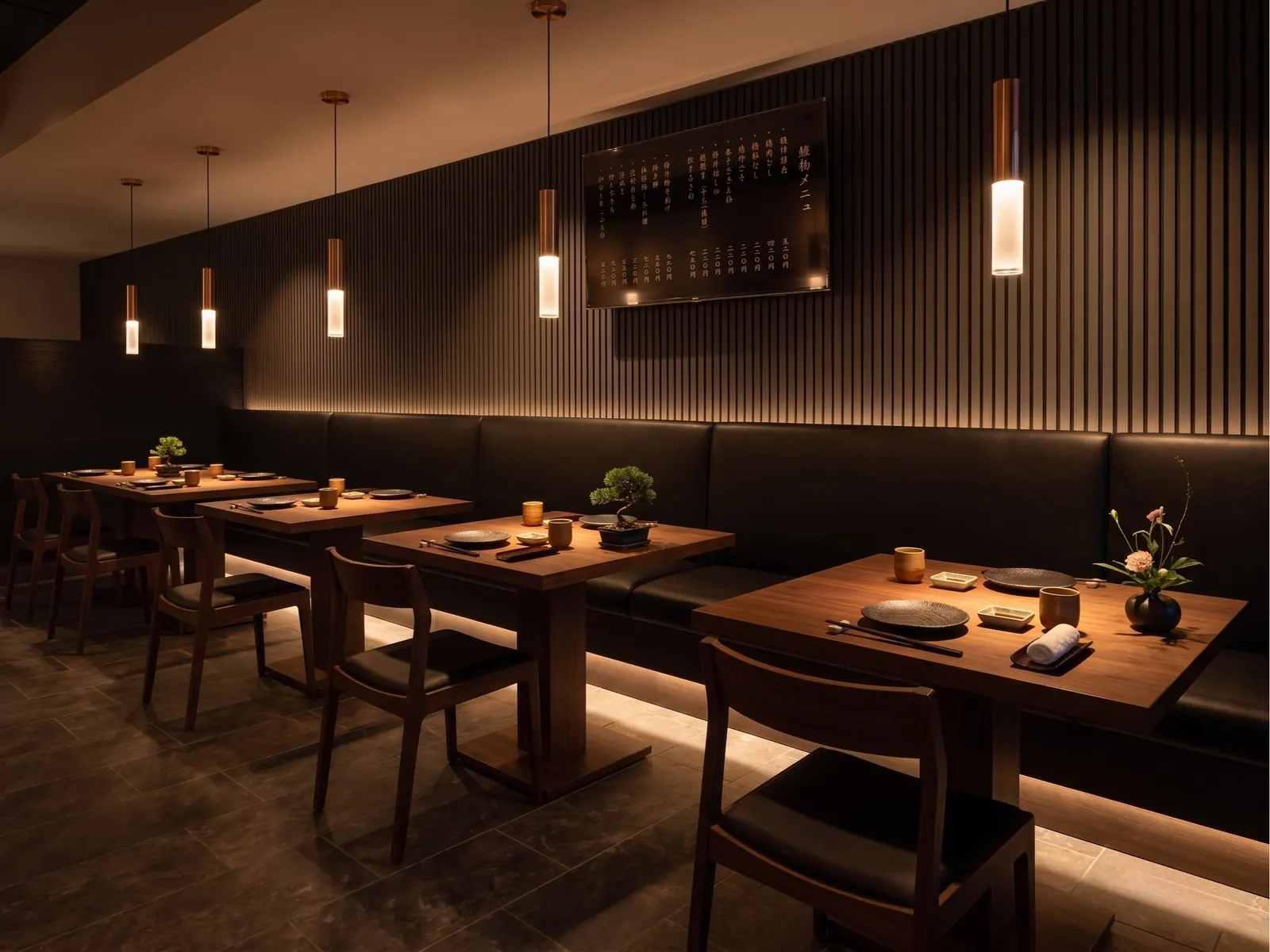 Completed banquette seating installation view at Kazuya Japanese Restaurant Moorpark CA